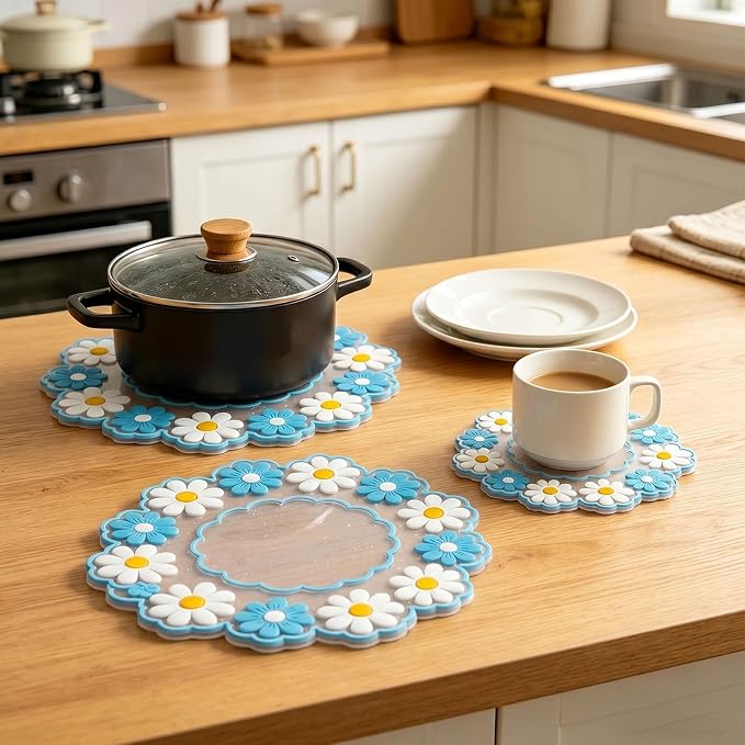 3Pcs Insulation Mat Daisy Cup Mat Cute Coaster Non-Slip Pad,Blue | Silicone Heat Insulation Table Mat,Bowl Placemat,Desk Decoration