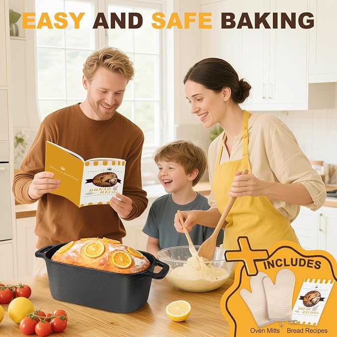 7QT Oval Dutch Oven for Sourdough Bread Baking, Pre-Seasoned Cast Iron Bread Pan with Lid, Even Heat Distribution for Homemade Bread