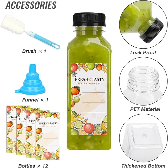 12pcs 12oz Plastic Juice Bottles with Caps, Sticker Labels, Brush | Reusable Clear Bottles with Lids and Labels, Funnel, Brush Beverage Containers for Juicing, Smoothies, Tea, Milk