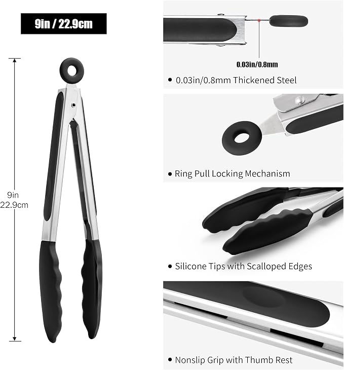 Doosu Kitchen Tongs with Silicone Tips for Cooking Serving (9in, Black) | 600°F Heat Resistant Food Tong, Heavy Duty Stainless Steel Locking Tong for BBQ, Grilling Steak, Salad, Toast, Pasta
