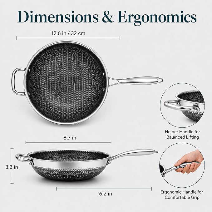 12.6 Inch Stainless Steel Honeycomb Wok Pan with Standing Glass Lid, Flat Bottom Stir Fry Pan for Induction, Gas & Electric Stoves, Physical Stick-Resistant Surface, Dishwasher Safe