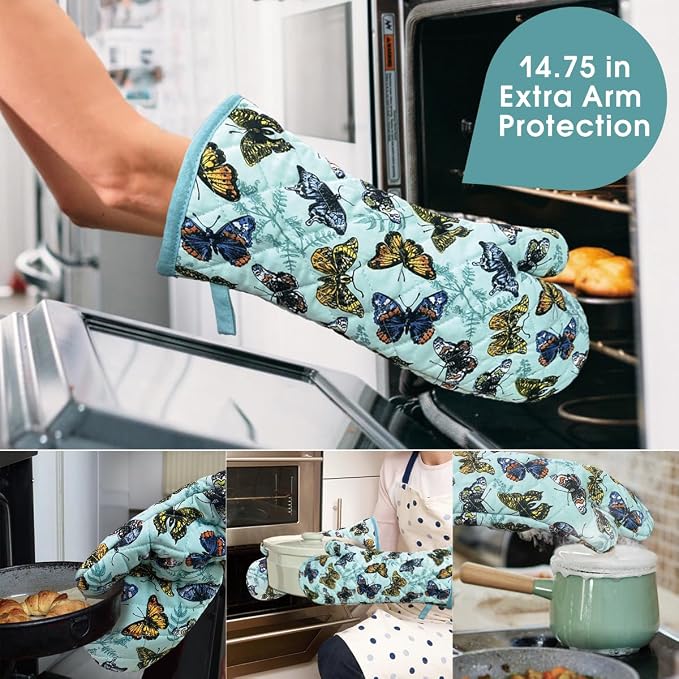 Oven Mitts Cotton Fashion Cute Butterfly Design 1 Pair | Heat Resistant Oven Gloves Safe Cooking Baking Grilling Barbecue Machine Washable Pot holders Christmas Gift (Butterfly)