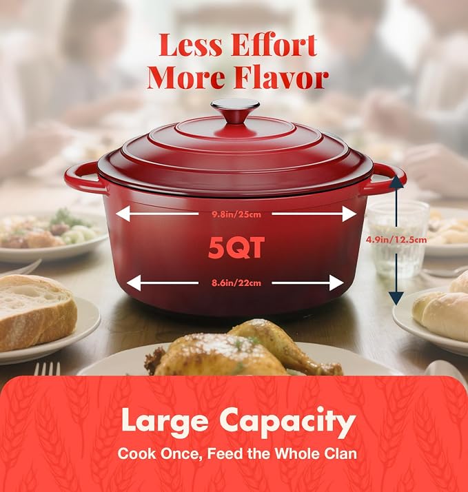 5QT Dutch Oven for Sourdough Bread Baking, Red Cast Iron Bread Pan with Lid | Advanced Multi-Functional Dutch Oven With Banneton Bread Proofing Basket & Baking Supplies, Cast Iron Bread Pan With Lid