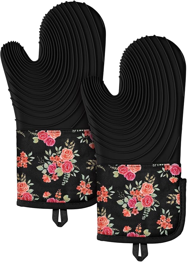 Slohif Long Silicone Oven Mitts Heat Resistant for Women - 2 Pcs Rose 100% Cotton Oven Gloves, Non-Slip and Waterproof Silicone Oven Mitts with Hanger for Baking and Cooking