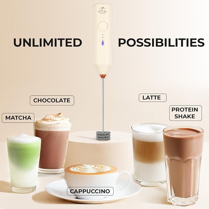 Zulay Kitchen Rechargeable Milk Frother Handheld - Frother Wand, Drink Mixer, Electric Whisk Frother, for Cappuccinos, Matcha & Protein Powder - Dynamic 3 Whisk, 3 Speed 500mAh Cream Gold