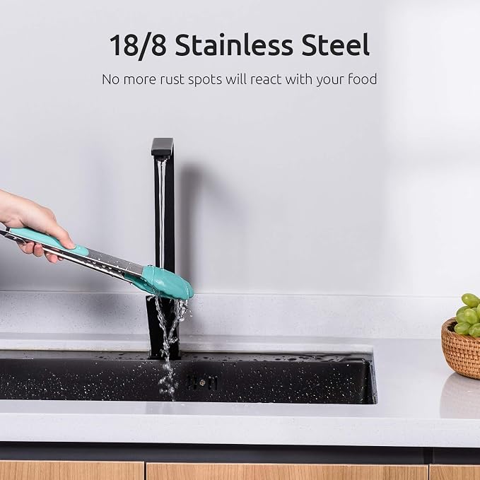 U-Taste Kitchen Tongs for Cooking, 600ºF Heat-Resistant Tps, 3Pcs/Aqua Sky | Silicone Tong Set 7/9/12in, Salad/Grill/BBQ Plastic Tongs for Food Serving, Rubber Thong with 18/8 Stainless Steel Handle
