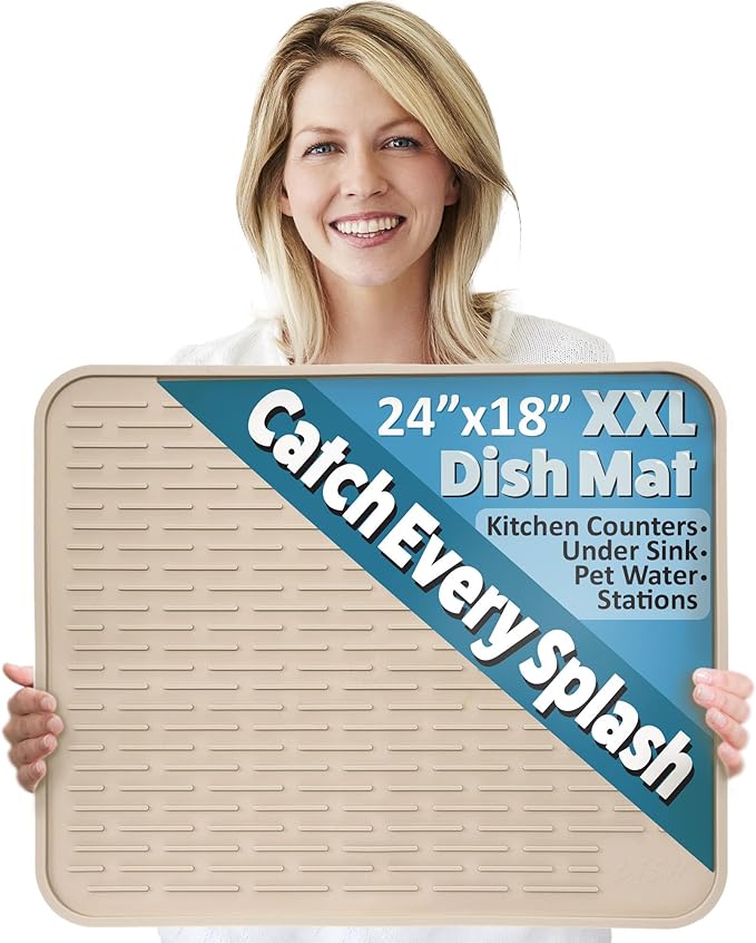 XXL Silicone Dish Drying Mat for Kitchen Counter or Under Sink, 24" x 18" Extra Large, Waterproof Pet Feeding Mat, Dog Food, Water Bowls, Under Drying Racks for Dishes, Coffee Bars, Bar Mats (Beige)
