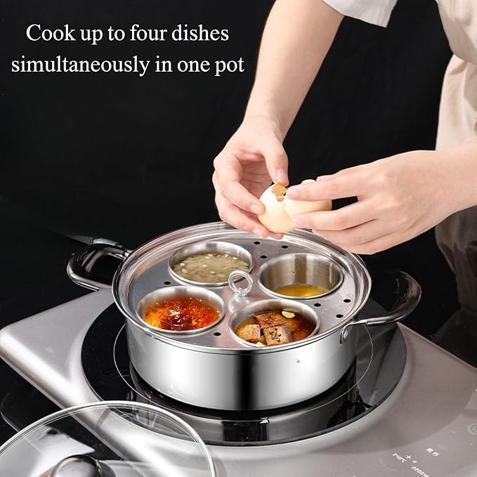 Egg Poacher Pan - 4 Poached Egg Cups, Poached Egg Cooker, Stainless Steel Egg Poaching Pan with Silicone Spatula