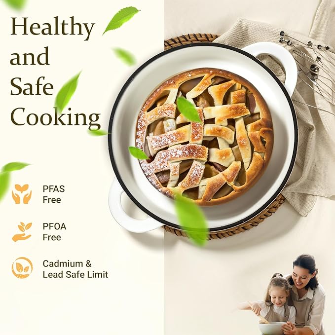 Overmont Enameled Cast Iron Dutch Oven - 5.5QT Pot with Lid Cookbook & Cotton Potholders - Heavy-Duty Cookware for Braising, Stews, Roasting, Sourdough Baking Pearl White