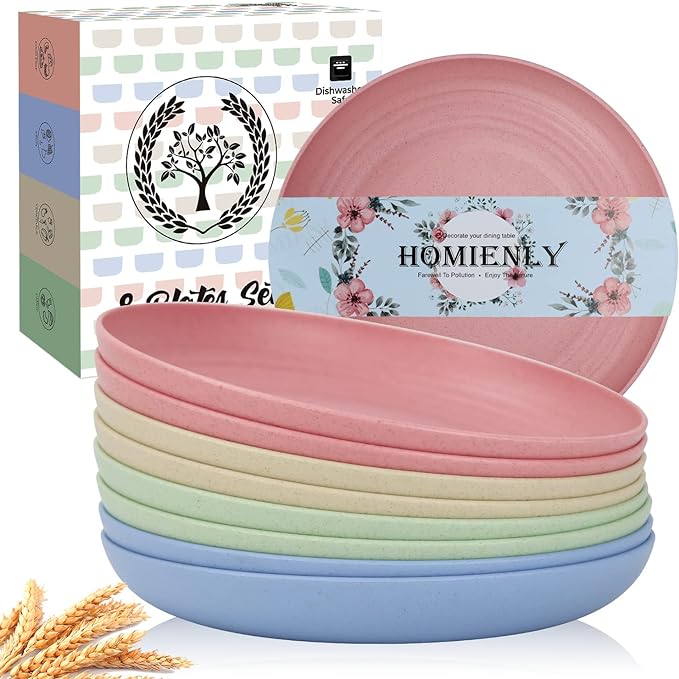 Unbreakable Deep Dinner Plates Wheat Straw Plates Sets Microwave and Dishwasher Safe Plastic Plates for Kitchen, Camping, Picnic, 8 PCS Lightweight Plate for Dessert (Fresh Light, 10 inch)