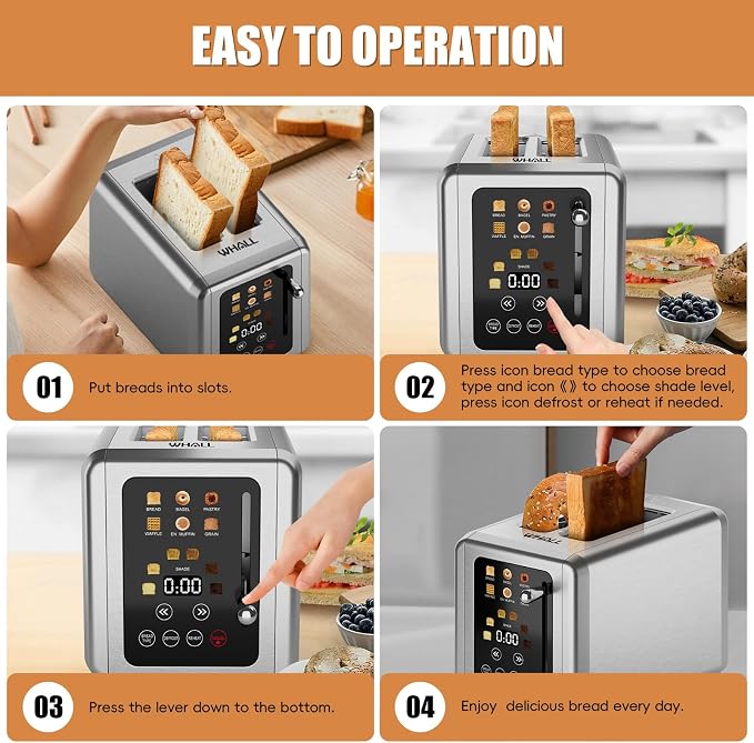 WHALL® Touch Screen Toaster 2 Slice, Stainless Steel Digital Timer Toaster, 6 Bread Types & 6 Shade Settings, Smart Extra Wide Slots Toasters With Bagel, Cancel, Defrost Functions