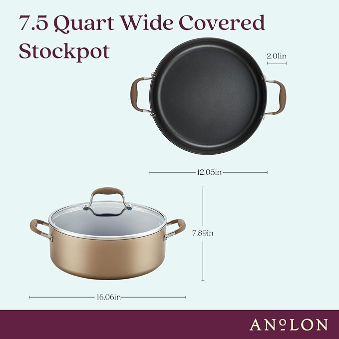 Anolon Advanced Home Hard-Anodized Nonstick Wide Stockpot with Lid, Soup Pot, 7.5-Quart, Bronze