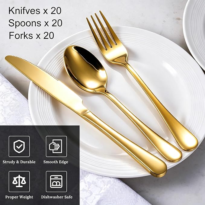 60-Pcs Gold Silverware Set - Stainless Steel Flatware Cutlery Set Service for 20, Mirror Polished Gold Flatware Set Include Forks Spoons Knives for Home, Wedding, Restaurant, Dishwasher Safe