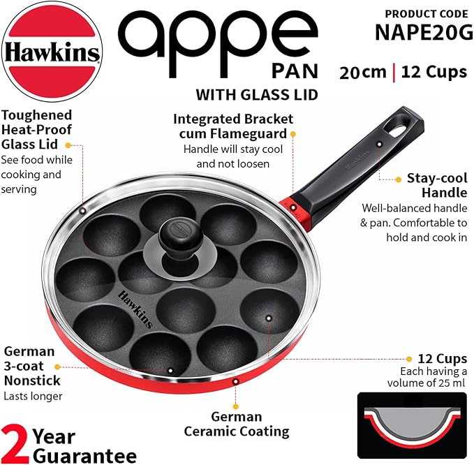 Hawkins Nonstick Appe Pan with Glass Lid, 12 Cups, Diameter 20 cm, Black, Cast Aluminium, Red