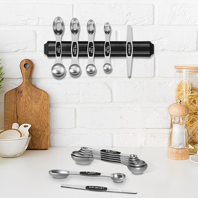 Wildone Measuring Cups and Magnetic Measuring Spoons Set, 16Pcs | 8 Stainless Measuring Cups, 7 Double-sided Magnetic Measuring Spoons & leveler for Spice Jar and Liquid Measuring, Black