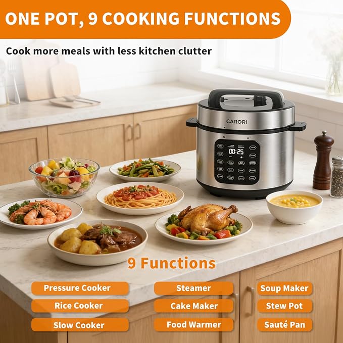 6Qt 9-in-1 Electric Pressure Cooker,Quick Meals, Time Saving, Healthy Non-Stick Pot, Rice/Slow/Steam/Sauté/Warmer, 24H Delay - Efficient Cooking Solution for Home, Meal Prep, Gift for Cooks, Silver