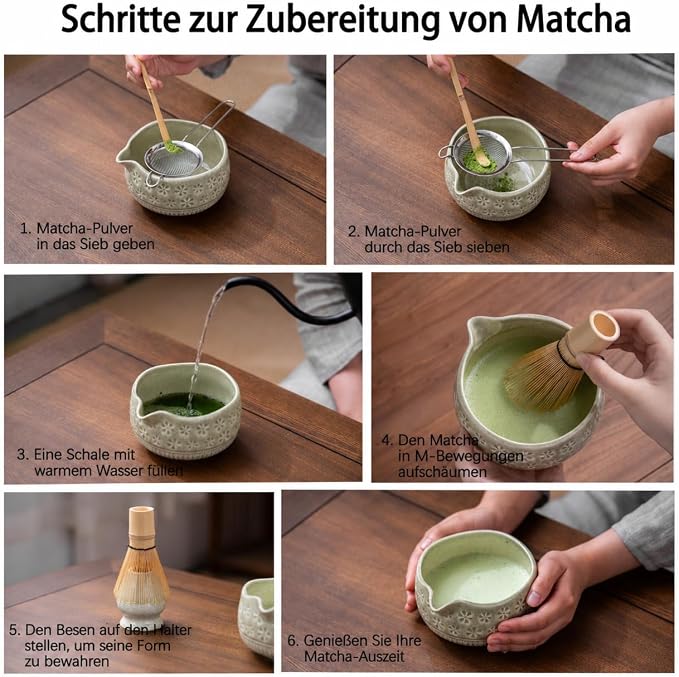 Buucup Matcha Whisk Set, Ceramic Matcha Kit Set with Bowl & Tools, Green | 7-piece set includes ceramic bowl, bamboo whisk, scoop, holder, rest, sifter and tea towel for authentic matcha preparation.