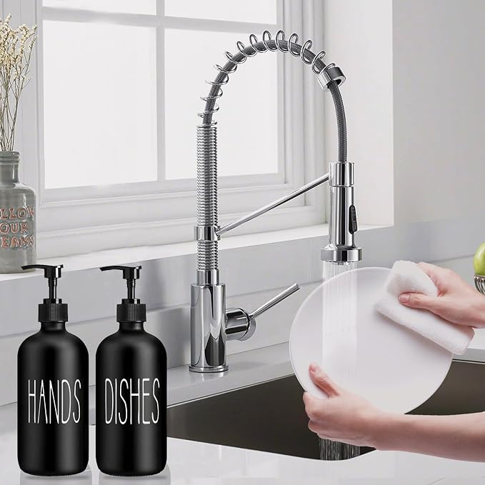 COHOSEGE Glass Soap Dispenser Set 2 Pack,Contains Hand and Dish Soap Dispenser.Premium 16 Oz Black Kitchen Soap Dispenser Set for Kitchen Sink and Farmhouse Decor
