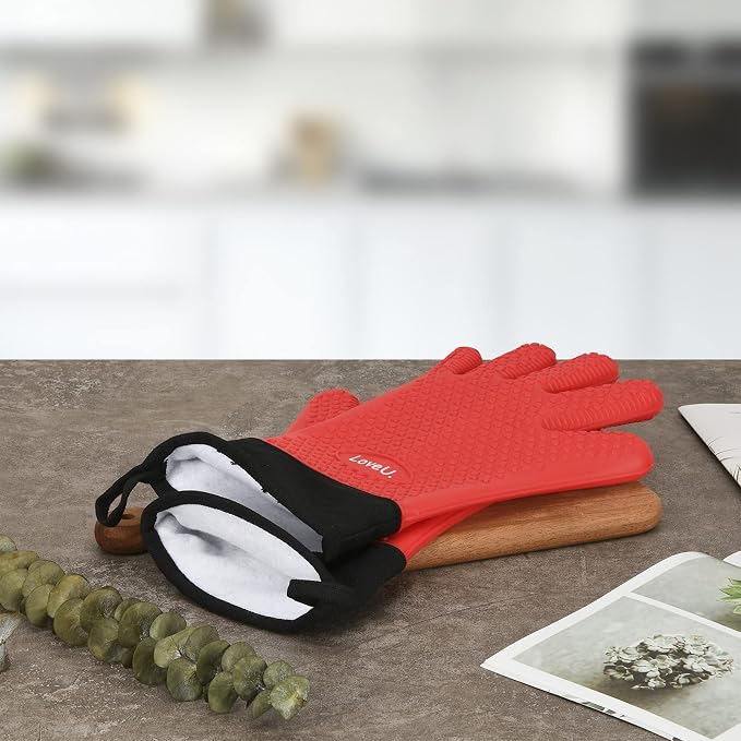 Silicone Oven Mitts Gloves - Heat Resistant, Non-Slip for BBQ, Grilling | 450°F Double-Layer｜Waterproof Kitchen Cooking Barbecue Mittens ｜5 Finger Hot Mitt for Baking, Smoker& Cast Iron(XL-XXXL)
