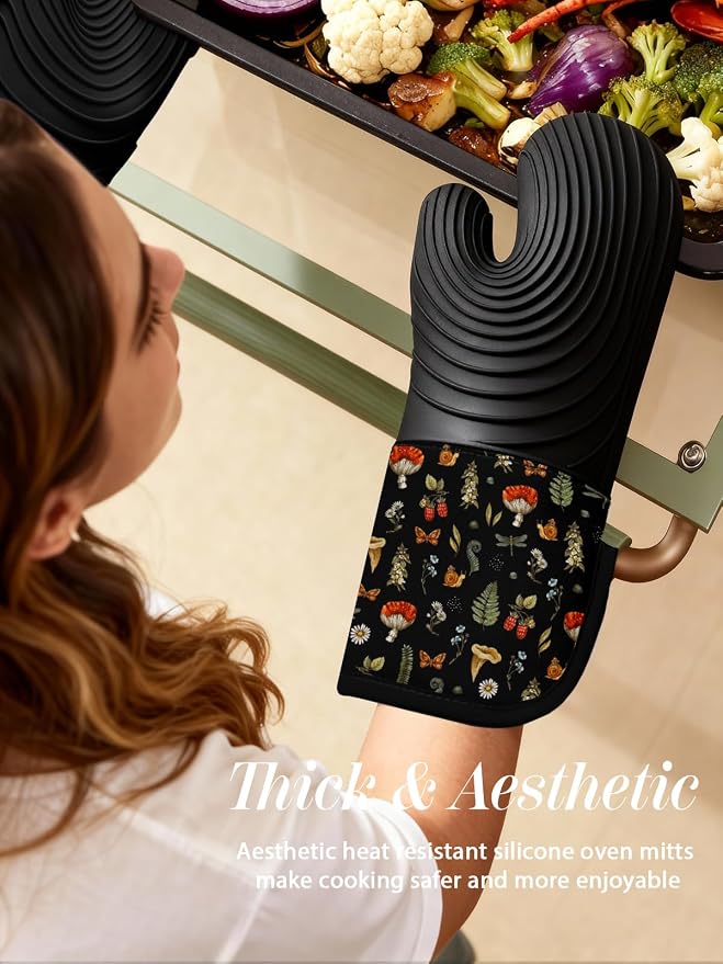 Slohif Long Silicone Oven Mitts Heat Resistant for Women - 2 Pcs Black Mushroom 100% Cotton Oven Gloves, Non-Slip and Waterproof Silicone Oven Mitts with Hanger for Baking and Cooking