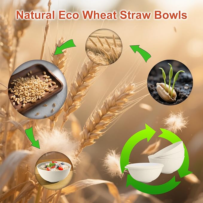 Wheat Straw Bowls with Lids Set of 4, Unbreakable Cereal Bowls 40oz, Microwavable Salad Container for Lunch Alternative to Plastic Bowl, Dishwasher Safe Bowl for Kitchen & Outdoor-Beige