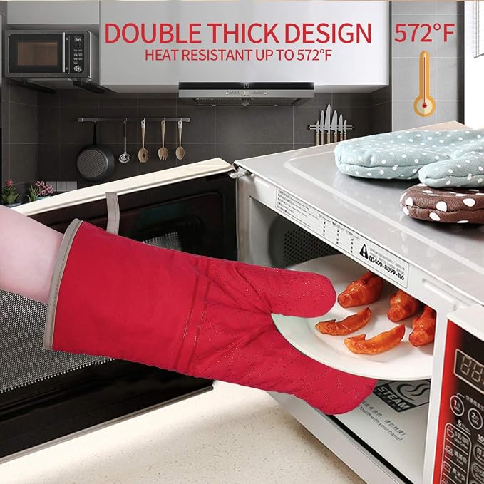 4Pcs Oven Mitts and Pot Holders Set, 572F Heat Resistant Oven Glove, Soft Cotton Lining with Non-Slip Surface for Kitchen Baking BBQ (Red)