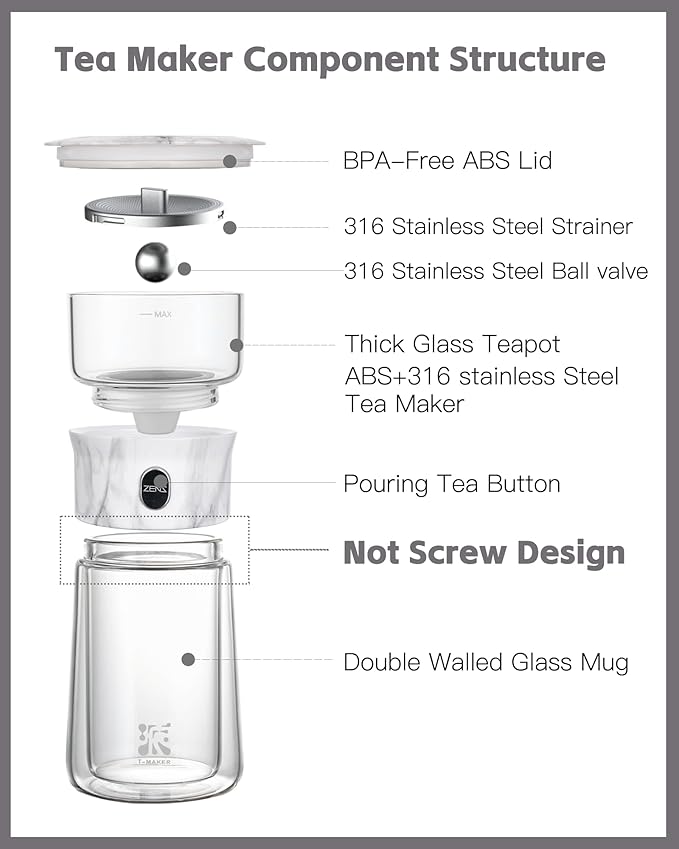 ZENS Modern One Touch Tea Maker, Glass Tea Infuser Pot for Loose Leaf Tea | Magic Teapot, Modern Tea Diffusers with 9oz Insulated Mug and Portable Bag for Tea Lovers Gifts, Marble