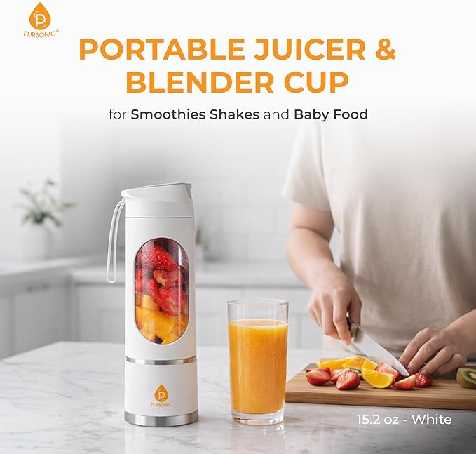 Pursonic Portable Blender Cup with 50W Motor and 12-Blade System, USB-C Rechargeable Personal Juicer for Smoothies Shakes and Baby Food - 3 Speed Settings - 15.2 oz - White