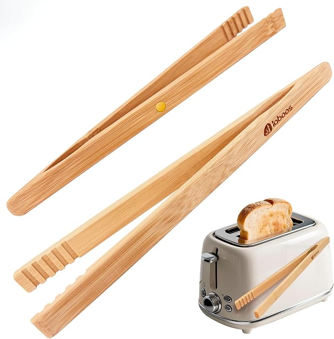 Magnetic Bamboo Toaster Tongs (Set of 2), 10.2-Inch Extra-Long Kitchen Tongs with Rebound-Construct & Anti-Slip Grip, Ideal for Cooking, BBQ, Serving - by LABOOS