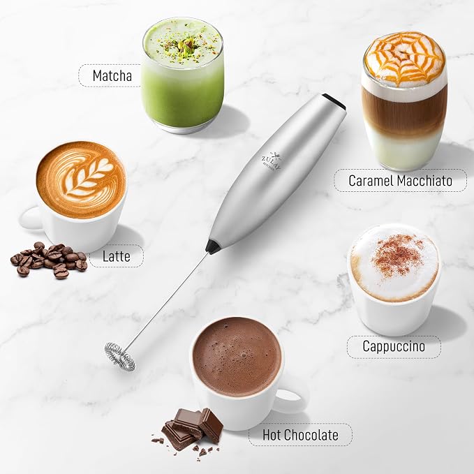 Zulay Powerful Milk Frother for Coffee with Upgraded Titanium Motor - Handheld Electric Whisk, Milk Foamer, Mini Mixer & Coffee Blender for Frappe, Latte, Matcha, No Stand - Imperial Silver Black