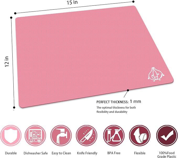ZVP Flexible Plastic Cutting Board Set of 3 Gradient Color, Colorful Chopping Boards, BPA Free Mats, Non Slip, Dishwasher Safe, 15x12 Inch, Pink Multi-Color