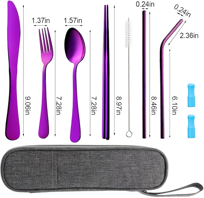 Travel Utensils Set with Case Reusable Portable Cutlery Set Stainless Steel 8pcs Including Dinner Knife Fork Spoon Chopsticks straws (Purple) | Dishwasher Including Dinner Knife Fork Spoon Chopsticks Straws Travel Fork Spoon Knife for Work, School, Cam...