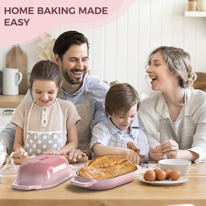 Wildone Enameled Cast Iron Dutch Oven Pot with Lid, Oval Bread Oven | Loaf Cast Iron Bread Pan for Homemade Bread Baking, Meatloaf Pan with Lid, 5.5QT, Pink