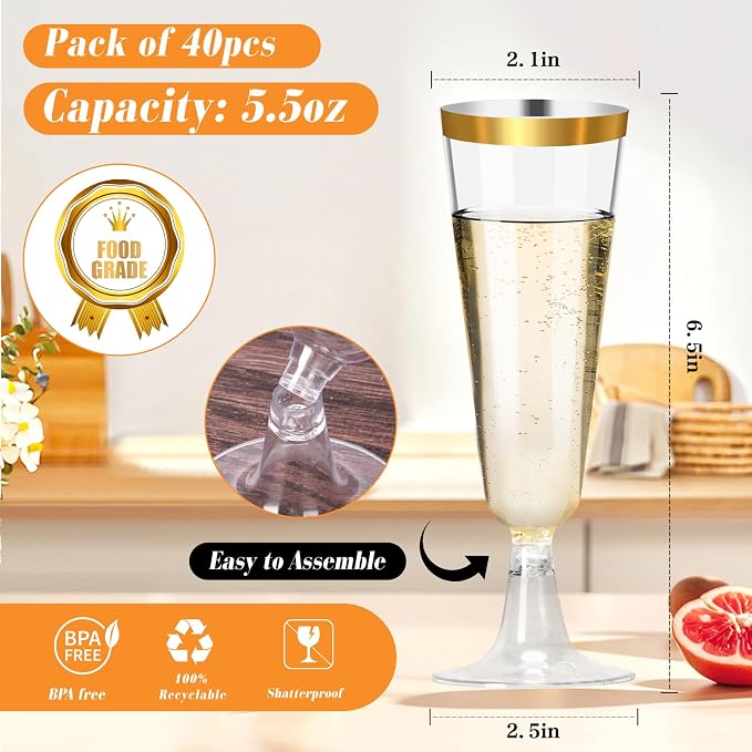 40 Pack Plastic Champagne Flutes with Gold Rim, 5.5 Oz Clear Disposable Plastic Champagne Glasses, Wine Glasses Cups for Wedding Celebration Birthday Party Wine Tasting New Years Eve Party Supplies