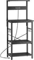 SUPERJARE 4 Tier Bakers Rack with Power Outlets, Microwave Stand with Adjustable Shelf, Kitchen Shelf Organizer for Small Space, Coffee Bar with 6 S Hooks, Kitchen Storage Rack, Black