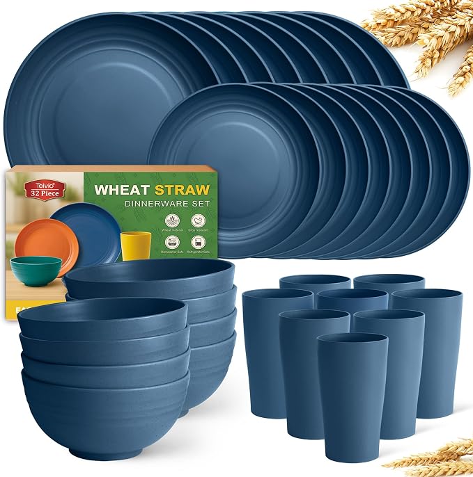Teivio 32-Piece Plates and Bowls Sets for 8, Autumn Blue Dinnerware Sets | 13.5oz Cups, Plastic Wheat Straw Unbreakable Dish Set, Dishwasher Safe, for Outdoor Camping RV Apartment Essentials Plate Set