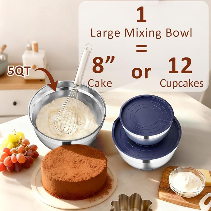 9 Pack Mixing Bowls with Airtight Lids & Grater Attachments, Navy | Stainless Steel Bowl, Non-slip Bases, Nesting Kitchen Bowl, Size 5, 4, 3, 2, 1.5,1QT,for Food Prep, Baking, Storage & Serving