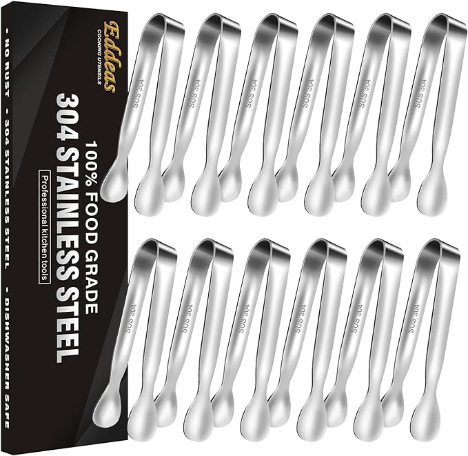 Eddeas Mini Tongs For Serving Food，Set fo 12 Small Tongs For Appetizers，Small Stainless Steel Metal Cooking Tong，for Tea Party Coffee Bar, 4 inch Sugar Tong - Silver