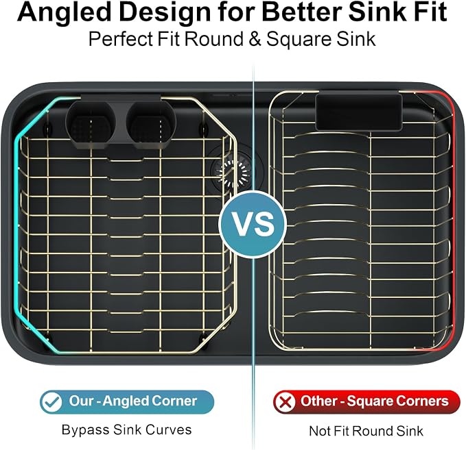 Small in Sink Dish Drying Rack - Stainless Steel for RV Kitchen | Compact Design for Apartments, Angled Corners Fit Square & Round Sinks, Utensil Holder, Cup Hooks, 1-2 Person, 11.6" x 13.4"