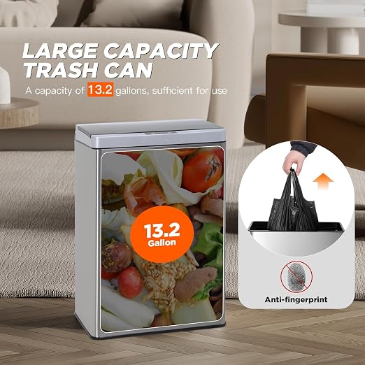 BestOffice 13 Gallon(50L) Trash Can Stainless Steel Kitchen Garbage Can with Automatic Sensing Cover Anti-Fingerprint for Home Office Bathroom Bedroom Kitchen Trash Can with Lid Waste Bin