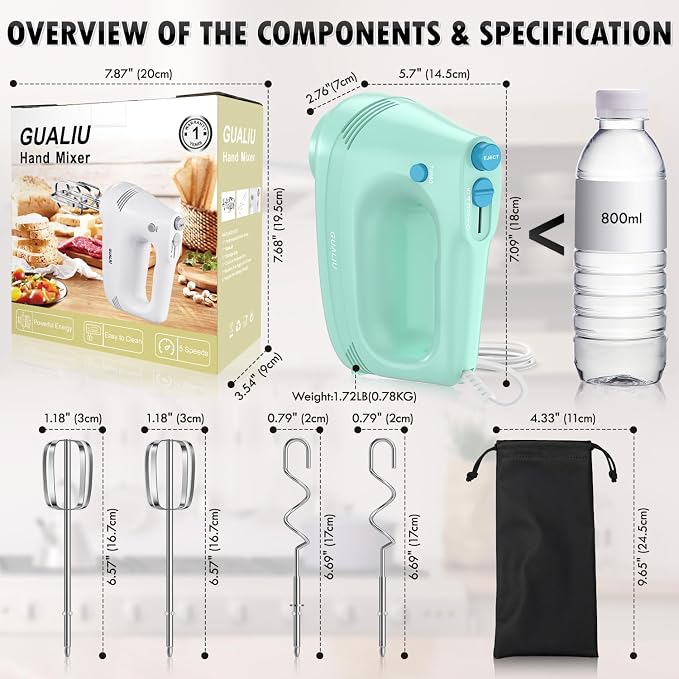 GUALIU Electric Hand Mixer, 304*(2* Beaters, 2* Dough Hooks), (1* Storage Bag) Handheld Mixer for Baking Cakes, Eggs, Cream Food Mixers, Turbo Boost /5 Speed Kitchen Blender GREEN