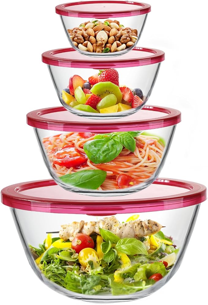 KOMUEE 4 Pack Glass Mixing Bowls Set with Lids (4.8QT, 2.9QT, 1.7QT, 0.8QT) | Glass Nesting Bowls for Kitchen Baking, Cooking and Serving, Oven, Dishwasher, Freezer, and Microwave Safe