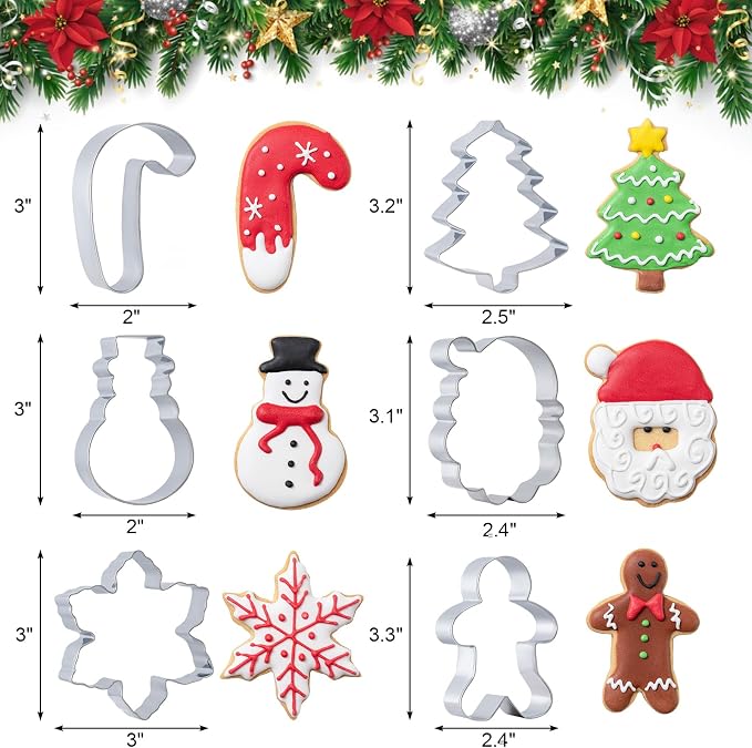 Christmas Cookie Cutters Set 6 Pieces,Biscuit Cutter Set for Holiday | Stainless Steel Metal Cutter with Christmas Tree, Gingerbread Man, Snowman, Snowflake, Candy Cane, Santa Face Shapes