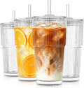 KEMORELA 20oz Ribbed glass cups with lids and straws, Iced Coffee Cups | Reusable thick-wall glass, Leak-Proof Lids, Fits Most Car Cup Holders, For Iced Coffee and Cold Drinks, With Cleaning Brush