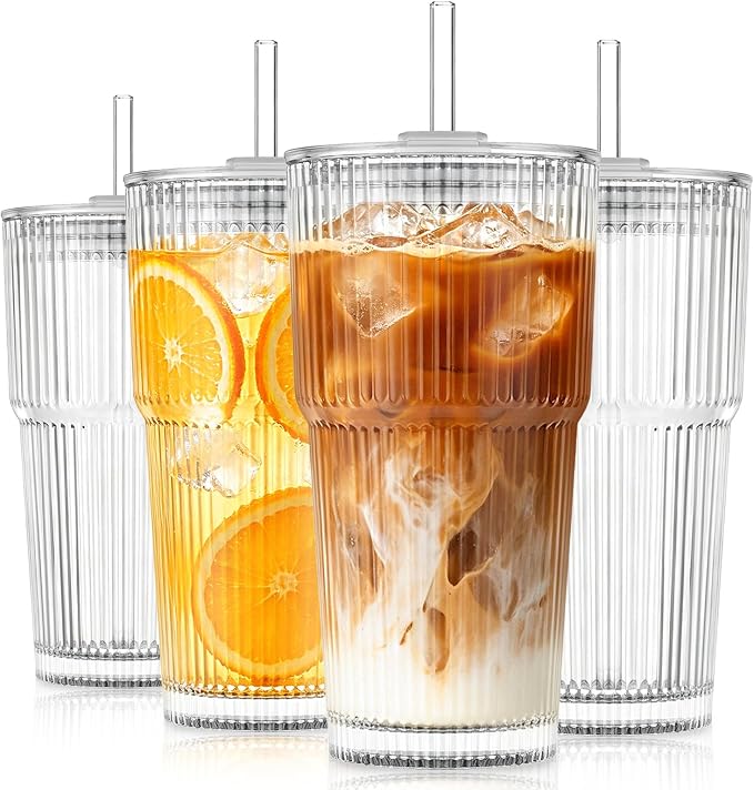 KEMORELA 20oz Ribbed glass cups with lids and straws, Iced Coffee Cups | Reusable thick-wall glass, Leak-Proof Lids, Fits Most Car Cup Holders, For Iced Coffee and Cold Drinks, With Cleaning Brush