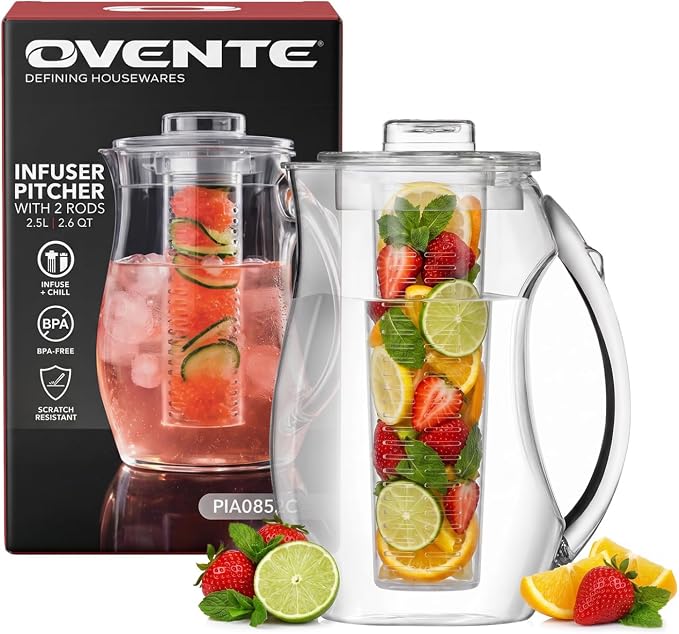 OVENTE Fruit Infusion Water Pitcher 2.5 Liters, Clear PIA0852C | With Removable Lid, Infuser Rod and Ice Rod, BPA-Free, Shatterproof Acrylic Beverage Jug for Flavor-Infused Drinks & More