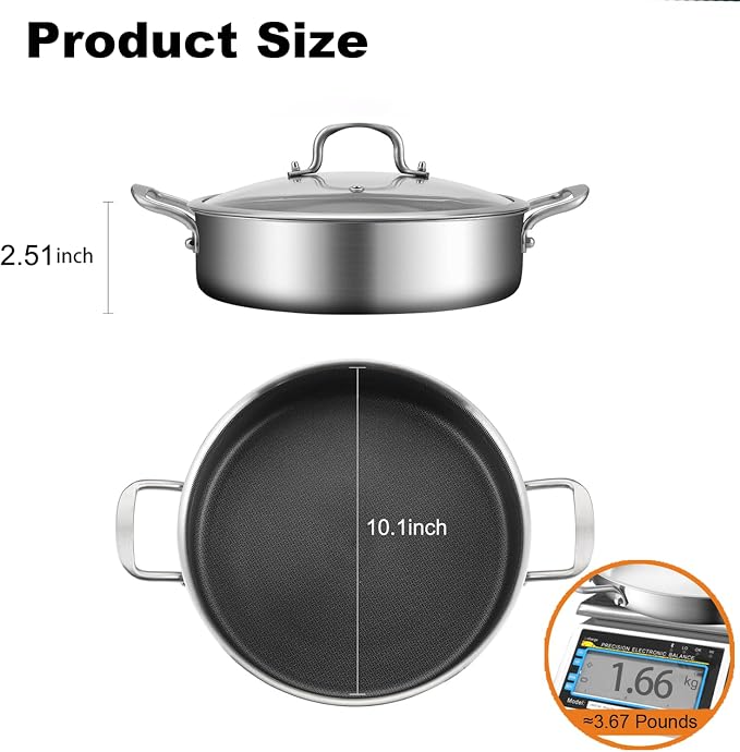 DELARLO Tri-Ply Stainless Steel 10 Inch Deep Frying Pan 3QT Saute Pan With Lid, Induction Compatible Chef Cooking Pan with lid, Dishwasher & Oven Safe