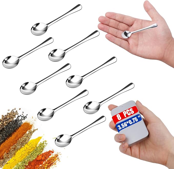 8PCS Tiny Spoons Upgraded Larger Size 3.56 inch - Mini Stainless Steel Spoons for Salt Jars Spice Jars, SUS 304 Food Grade Seasoning Spoon for Powder Spices, Pepper, Sugar, Coffee