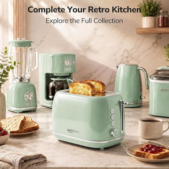 2 Slice Stainless Steel Toaster Retro with 6 Bread Shade Settings, Bagel, Cancel, Defrost Function, Extra Wide Slot, Removable Crumb Tray Green