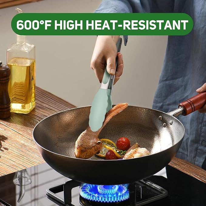 Kitchen Tongs, Stainless Steel Cooking Tongs with Silicone Tips, 600ºF High Heat-Resistant Non Scratch Locking Tongs for Cooking BBQ Grilling Air Fryer Pans, Set of 3 (7" 9" and 12") Sage Green